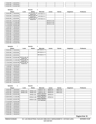 7.55.00 PM     8.40.00 PM
8.45.00 PM     9.30.00 PM
9.35.00 PM    10.20.00 PM


    Semestre:         7                    Sección:          3
         Bloque                Lunes            Martes            Miercoles        Jueves        Viernes     Asignatura       Profesores
7.00.00 AM    7.45.00 AM                    INP733 LAB. DE
                                                                 INP-EB33 G-3
                                              ROBOTICA
7.50.00 AM      8.35.00 AM                  INP733 LAB. DE
                                                                 INP-EB33 G-3
                                              ROBOTICA
8.40.00 AM      9.25.00 AM                  INP733 LAB. DE
                                                                 INP-EB33 G-3
                                              ROBOTICA
 9.35.00 AM   10.20.00 AM                                                       INP-EI13 L103
10.25.00 AM   11.10.00 AM                                                       INP-EI13 L103
11.15.00 AM   12.00.00 PM                                                       INP-EI13 L103
12.10.00 PM   12.55.00 PM
 1.10.00 PM    1.55.00 PM
 2.00.00 PM    2.45.00 PM
 2.50.00 PM    3.35.00 PM
 3.40.00 PM    4.25.00 PM
 4.30.00 PM    5.15.00 PM
 5.20.00 PM    6.05.00 PM
 6.15.00 PM    7.00.00 PM
 7.05.00 PM    7.50.00 PM
 7.55.00 PM    8.40.00 PM
 8.45.00 PM    9.30.00 PM
 9.35.00 PM   10.20.00 PM


    Semestre:         7                    Sección:          4
         Bloque                Lunes            Martes          Miercoles          Jueves        Viernes     Asignatura       Profesores
7.00.00 AM    7.45.00 AM                                     INP-ED23 K-111

7.50.00 AM      8.35.00 AM                                   INP-ED23 K-111

8.40.00 AM      9.25.00 AM                                   INP-ED23 K-111

9.35.00 AM    10.20.00 AM INP733 LAB. DE
                            ROBOTICA
10.25.00 AM   11.10.00 AM INP733 LAB. DE
                            ROBOTICA
11.15.00 AM   12.00.00 PM INP733 LAB. DE
                            ROBOTICA
12.10.00 PM   12.55.00 PM
 1.10.00 PM    1.55.00 PM
 2.00.00 PM    2.45.00 PM
 2.50.00 PM    3.35.00 PM
 3.40.00 PM    4.25.00 PM
 4.30.00 PM    5.15.00 PM
 5.20.00 PM    6.05.00 PM
 6.15.00 PM    7.00.00 PM
 7.05.00 PM    7.50.00 PM
 7.55.00 PM    8.40.00 PM
 8.45.00 PM    9.30.00 PM
 9.35.00 PM   10.20.00 PM


    Semestre:         8                    Sección:          1
         Bloque                Lunes            Martes        Miercoles            Jueves         Viernes    Asignatura       Profesores
7.00.00 AM    7.45.00 AM                                    INP833 K-103         INP823 B-6     INP813 B-6
7.50.00 AM    8.35.00 AM     INP855 L403      INP855 L403   INP833 K-103         INP823 B-6     INP813 B-6
8.40.00 AM    9.25.00 AM     INP855 L403      INP855 L403   INP833 K-103         INP823 B-6     INP813 B-6
9.35.00 AM 10.20.00 AM                                    INP843 UNEXPO
                                              INP855 L403                        INP804 B-6
                                                           Lab. Materiales
10.25.00 AM   11.10.00 AM                                 INP843 UNEXPO
                                             INP804 K-206                        INP804 B-6
                                                           Lab. Materiales
11.15.00 AM   12.00.00 PM                                 INP843 UNEXPO
                                             INP804 K-206
                                                           Lab. Materiales
12.10.00 PM   12.55.00 PM
 1.10.00 PM    1.55.00 PM
 2.00.00 PM    2.45.00 PM
 2.50.00 PM    3.35.00 PM
 3.40.00 PM    4.25.00 PM
 4.30.00 PM    5.15.00 PM
 5.20.00 PM    6.05.00 PM
 6.15.00 PM    7.00.00 PM
 7.05.00 PM    7.50.00 PM
                                                                                                                          Pagina 9 de 10
Sistema Cumlaude               AV. LAS INDUSTRIAS. NUCLEO OBELISCO. BARQUISIMETO - ESTADO LARA.                               02/10/2012 12.46
                                                          02512591581
 
