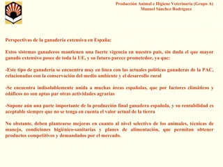 Producción Animal e Higiene Veterinaria (Grupo A) Manuel Sánchez Rodríguez 
Perspectivas de la ganadería extensiva en España: 
Estos sistemas ganaderos mantienen una fuerte vigencia en nuestro país, sin duda el que mayor ganado extensivo posee de toda la UE, y su futuro parece prometedor, ya que: 
-Este tipo de ganadería se encuentra muy en línea con las actuales políticas ganaderas de la PAC, relacionadas con la conservación del medio ambiente y el desarrollo rural 
-Se encuentra indisolublemente unida a muchas áreas españolas, que por factores climáticos y edáficos no son aptas par otras actividades agrarias 
-Supone aún una parte importante de la producción final ganadera española, y su rentabilidad es aceptable siempre que no se tenga en cuenta el valor actual de la tierra 
No obstante, deben plantearse mejoras en cuanto al nivel selectivo de los animales, técnicas de manejo, condiciones higiénico-sanitarias y planes de alimentación, que permitan obtener productos competitivos y demandados por el mercado.  