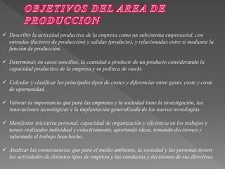  Describir la actividad productiva de la empresa como un subsistema empresarial, con 
entradas (factores de producción) y salidas (producto), y relacionadas entre sí mediante la 
función de producción. 
 Determinar, en casos sencillos, la cantidad a producir de un producto considerando la 
capacidad productiva de la empresa y su política de stocks. 
 Calcular y clasificar los principales tipos de costes y diferenciar entre gasto, coste y coste 
de oportunidad. 
 Valorar la importancia que para las empresas y la sociedad tiene la investigación, las 
innovaciones tecnológicas y la implantación generalizada de las nuevas tecnologías. 
 Manifestar iniciativa personal, capacidad de organización y eficiencia en los trabajos y 
tareas realizados individual y colectivamente, aportando ideas, tomando decisiones y 
valorando el trabajo bien hecho. 
 Analizar las consecuencias que para el medio ambiente, la sociedad y las personas tienen 
las actividades de distintos tipos de empresa y las conductas y decisiones de sus directivos. 
 