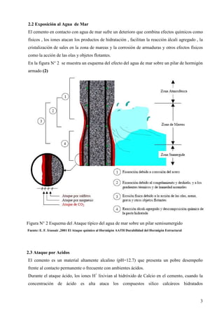 2.2 Exposición al Agua de Mar
El cemento en contacto con agua de mar sufre un deterioro que combina efectos químicos como
físicos , los iones atacan los productos de hidratación , facilitan la reacción álcali agregado , la
cristalización de sales en la zona de mareas y la corrosión de armaduras y otros efectos físicos
como la acción de las olas y objetos flotantes.
En la figura N° 2 se muestra un esquema del efecto del agua de mar sobre un pilar de hormigón
armado (2)




Figura N° 2 Esquema del Ataque típico del agua de mar sobre un pilar semisumergido
Fuente: E. F. Irassair ,2001 El Ataque químico al Hormigón AATH Durabilidad del Hormigón Estructural




2.3 Ataque por Acidos
El cemento es un material altamente alcalino (pH=12.7) que presenta un pobre desempeño
frente al contacto permanente o frecuente con ambientes ácidos.
Durante el ataque ácido, los iones H+ lixivian al hidróxido de Calcio en el cemento, cuando la
concentración de ácido es alta ataca los compuestos silico calcáreos hidratados


                                                                                                       3
 