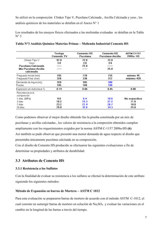 Se utilizó en la composición Clinker Tipo V, Puzolana Calcinada , Arcilla Calcinada y yeso , los
análisis químicos de los materiales se detallan en el Anexo N° 1

Los resultados de los ensayos físicos efectuados a las moliendas evaluadas se detallan en la Tabla
N° 3

Tabla N°3 Análisis Químico Materias Primas – Molienda Industrial Cemento HS




Como podemos observar el mejor diseño obtenido fue la prueba constituida por un mix de
puzolanas y arcillas calcinadas , los valores de resistencia a la compresión obtenidos cumplen
ampliamente con los requerimientos exigidos por la norma ASTM C-1157 2008a-HS (6)
Así también se pudo observar que presentó una menor demanda de agua respecto al diseño que
presentaba únicamente puzolana calcinada en su composición.
Con el diseño de Cemento HS producido se efectuaron las siguientes evaluaciones a fin de
determinar su propiedades y atributos de durabilidad.


3.3 Atributos de Cemento HS

3.3.1 Resistencia a los Sulfatos

Con la finalidad de evaluar su resistencia a los sulfatos se efectuó la determinación de este atributo
siguiendo los siguientes métodos:

Método de Expansión en barras de Mortero – ASTM C 1012

Para esta evaluación se prepararon barras de mortero de acuerdo con el método ASTM C-1012, el
cual consiste en sumergir barras de mortero en solución de Na2SO4 y evaluar las variaciones en el
cambio en la longitud de las barras a través del tiempo.

                                                                                                         7
 