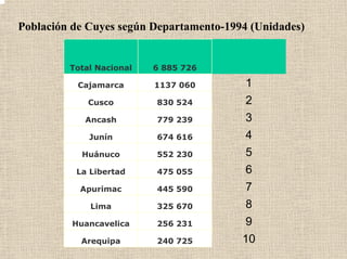 Población de Cuyes según Departamento-1994 (Unidades)
Total Nacional 6 885 726
Cajamarca 1137 060 1
Cusco 830 524 2
Ancash 779 239 3
Junín 674 616 4
Huánuco 552 230 5
La Libertad 475 055 6
Apurimac 445 590 7
Lima 325 670 8
Huancavelica 256 231 9
Arequipa 240 725 10
 