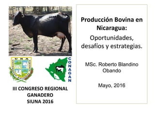 III CONGRESO REGIONAL
GANADERO
SIUNA 2016
Producción Bovina en
Nicaragua:
Oportunidades,
desafíos y estrategias.
MSc. Roberto Blandino
Obando
Mayo, 2016
 