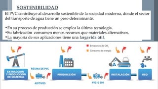 SOSTENIBILIDAD 
El PVC contribuye al desarrollo sostenible de la sociedad moderna, donde el sector 
del transporte de agua tiene un peso determinante. 
•En su proceso de producción se emplea la última tecnología. 
•Su fabricación consumen menos recursos que materiales alternativos. 
•La mayoría de sus aplicaciones tiene una largavida útil. 
 