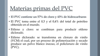 Materias primas del PVC 
• El PVC contiene un 57% de cloro y 43% de hidrocarburos 
• El PVC toma entre el 0,3 y el 0,4% del total de petróleo 
obtenido en el mundo. 
• Etileno y cloro: se combinan para producir etileno 
diclorado. 
• Etileno diclorado: se transforma en cloruro de vinilo 
(VCM) el cual, por un proceso de polimerización y secado 
produce un polvo blanco inocuo, el policloruro de vinilo 
(PVC). 
 