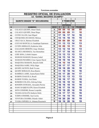 Funciones avanzadas

               REGISTRO OFICIAL DE EVALUACION
                        I.E. “DANIEL BECERRA OCAMPO”

      QUINTO GRADO “D” SECUNDARIA                              II TRIMESTRE

                                                               CRITERIOS
N                   NOMBRES                      SEXO     01    02   03  04   PROMEDIO
01   CALAGUA QUISPE, Omar Charly                     H    09   09   10   08     09
02   CALAGUA QUISPE, Omar Diego                      H    09   09   09   11     10
03   CCOSI CALANI, Juan Miguel                       H    17   16   17   14     16
04   CHUQUIMIA HUAMANI, Melissa                      M    13   14   16   15     15
05   CRUZ ALCA, Marlene Elizabeth                    M    09   09   09   12     10
06   CUEVAS MANCILLA, Guadalupe Esperanza            M    11   13   13   14     13
07   CUTIPA MORALES, Katherine Julia                 M    10   09   10   11     10
08   GALLEGOS ORMEÑO, Jorge Abraham                  H    13   12   14   14     13
09   HUANCA MENDOZA, Yan Jhonnathan                  H    17   17   19   15     17
10   LOPE SOSA, Lizbeth Amparo                       M    13   13   13   13     13
11   MAMANI MAMANI, Rosmery Isabel                   M    14   13   14   14     14
12   MAMANI PIZARRO, César Agusto David              H    19   19   19   16     18
13   MAQUERA MAMANI, Jhoselin Edith                  M    14   10   14   14     13
14   MAQUERA SAIRE, Willy Edgar                      H    19   17   17   15     17
15   QUISPE JACINTO, Ruth Yovana                     M    19   18   20   16     18
16   QUISPE MORALES, Rosa Beatriz                    M    11   19   19   14     16
17   RAMÍREZ LAIME, Joanna Karen Dafné               M    15   17   20   14     17
18   RAMOS COAGUILA, Rosalí                          M    13   13   13   13     13
19   RAMOS YUGRA, José Dante                         H    16   16   17   15     16
20   ROMERO COLANA, Edwing Felipe                    H    15   16   18   14     16
21   RONDÓN ESTRADA, Alexandra Pierina               M    16   16   18   15     16
22   SIANCAS QQUELLÓN, Karen Elizabeth               M    18   17   19   16     18
23   SOTO CONDORI, Renato Leopoldo                   H    19   19   20   16     19
24   TEJADA GUILLÉN, Katherin Dolly                  M    14   17   17   15     16
25   TURPO CONDORI, Ana Cecilia                      M    11   14   15   15     14
26   VENTURA CHAMBI, Orlando Aldair                  H    19   20   20   16     19
27   YUGRA ESPERILLA, Johanna Rosemarie              M    19   19   20   16     19




                                          Página 6
 