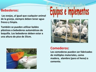 Bebederos:
Las ovejas, al igual que cualquier animal
de la granja, siempre deben tener agua
fresca y limpia.
También se pueden utilizar baldes
plásticos o bebederos automáticos de
boquilla. Los bebederos deben estar a
una altura de piso de 35cm.
Comederos:
Los comederos pueden ser fabricados
de múltiples materiales, como
madera, alambre (para el heno) o
cemento.
 