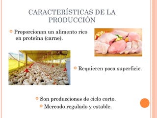 CARACTERÍSTICAS DE LA
PRODUCCIÓN
 Proporcionan un alimento rico
en proteína (carne).
 Requieren poca superficie.
 Son producciones de ciclo corto.
 Mercado regulado y estable.
 
