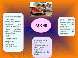 AFICHE
Son textos
breves con un
mínimo de
elementos
destinados a
llamar la
atención.
Es importante:
•El color
•Diagramación
•Tipografía
•Imagen
•Elocuencia del
texto
Para elaborarlos:
-Observar
diversos afiches.
-Analizar sus
características
-Crear afiches
con diversos
prepósitos
-Definir:
Destinatario
Propósito
Intención
comunicativa
 