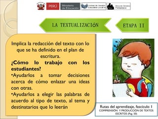 Implica la redacción del texto con lo
que se ha definido en el plan de
escritura.
¿Cómo lo trabajo con los
estudiantes?
•Ayudarlos a tomar decisiones
acerca de cómo enlazar una ideas
con otras.
•Ayudarlos a elegir las palabras de
acuerdo al tipo de texto, al tema y
destinatarios que lo leerán
Implica la redacción del texto con lo
que se ha definido en el plan de
escritura.
¿Cómo lo trabajo con los
estudiantes?
•Ayudarlos a tomar decisiones
acerca de cómo enlazar una ideas
con otras.
•Ayudarlos a elegir las palabras de
acuerdo al tipo de texto, al tema y
destinatarios que lo leerán Rutas del aprendizaje, fascículo 1
COMPRENSIÓN Y PRODUCCIÓN DE TEXTOS
ESCRITOS (Pag. 50)
 