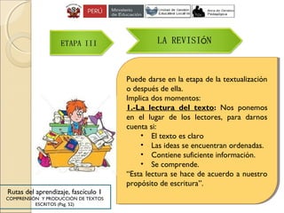 Puede darse en la etapa de la textualización
o después de ella.
Implica dos momentos:
1.-La lectura del texto: Nos ponemos
en el lugar de los lectores, para darnos
cuenta si:
• El texto es claro
• Las ideas se encuentran ordenadas.
• Contiene suficiente información.
• Se comprende.
“Esta lectura se hace de acuerdo a nuestro
propósito de escritura”.
Puede darse en la etapa de la textualización
o después de ella.
Implica dos momentos:
1.-La lectura del texto: Nos ponemos
en el lugar de los lectores, para darnos
cuenta si:
• El texto es claro
• Las ideas se encuentran ordenadas.
• Contiene suficiente información.
• Se comprende.
“Esta lectura se hace de acuerdo a nuestro
propósito de escritura”.
Rutas del aprendizaje, fascículo 1
COMPRENSIÓN Y PRODUCCIÓN DE TEXTOS
ESCRITOS (Pag. 52)
 