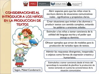 CONSIDERACIONES ALCONSIDERACIONES AL
INTRODUCIR A LOS NIÑOSINTRODUCIR A LOS NIÑOS
EN LA PRODUCCION DEEN LA PRODUCCION DE
TEXTOSTEXTOS
Abrir espacios para que los niños vivan la
escritura dentro de situaciones comunicativas
reales , significativas y propósitos claros.
Estimular a los niños a tomar conciencia de la
utilidad del lenguaje escrito y el poder que
otorga su dominio.
Crear situaciones que inviten a los alumnos a
producir textos con sentido completo, evitando
las palabras u oraciones aisladas.
Ofrecer ejemplos que sirvan de modelos para la
producción de variados tipos de textos.
Admitir las respuestas divergentes, inesperadas
o atípicas como formas de expresión creativa y
humorística.
Estimularlos a tomar conciencia desde el inicio del
aprendizaje la necesidad de planificar la producción de
textos tomando en cuenta las características de la
situación comunicativaSegún, Mabel Condemarín
 