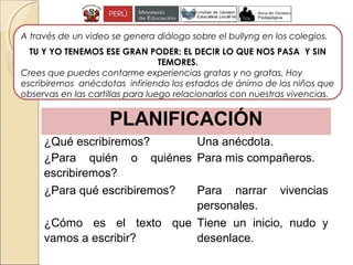 PLANIFICACIÓN
¿Qué escribiremos? Una anécdota.
¿Para quién o quiénes
escribiremos?
Para mis compañeros.
¿Para qué escribiremos? Para narrar vivencias
personales.
¿Cómo es el texto que
vamos a escribir?
Tiene un inicio, nudo y
desenlace.
A través de un video se genera diálogo sobre el bullyng en los colegios.
TU Y YO TENEMOS ESE GRAN PODER: EL DECIR LO QUE NOS PASA Y SIN
TEMORES.
Crees que puedes contarme experiencias gratas y no gratas. Hoy
escribiremos anécdotas infiriendo los estados de ánimo de los niños que
observas en las cartillas para luego relacionarlos con nuestras vivencias.
 