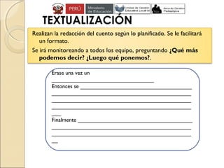 TEXTUALIZACIÓN
Realizan la redacción del cuento según lo planificado. Se le facilitará
un formato.
Se irá monitoreando a todos los equipo, preguntando ¿Qué más
podemos decir? ¿Luego qué ponemos?.
Érase una vez un
_________________________________
Entonces se ____________________________________
_____________________________________________
_____________________________________________
_____________________________________________
___
Finalmente _____________________________________
_____________________________________________
_____________________________________________
__
 