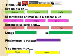 Había una vez un
Era un día de …
El fantástico animal salió a pasear a un
Entonces se cayó a un…
Luego el se puso a
Finalmente lo rescató un
Y se fueron muy….
tristestristesfelicesfelices
primaveraprimavera
pozopozo lagolagoríorío
parqueparquezoológicozoológicobosquebosque
otoñootoñoveranoverano
 