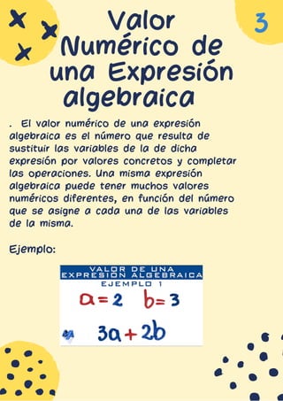Valor
Numérico de
una Expresión
algebraica
. El valor numérico de una expresión
algebraica es el número que resulta de
sustituir las variables de la de dicha
expresión por valores concretos y completar
las operaciones. Una misma expresión
algebraica puede tener muchos valores
numéricos diferentes, en función del número
que se asigne a cada una de las variables
de la misma.
Ejemplo:
3
 