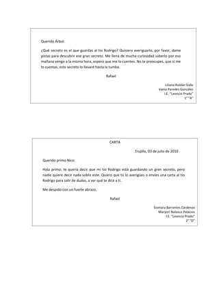 Querido Árbol:

¿Qué secreto es el que guardas al tío Rodrigo? Quisiera averiguarlo, por favor, dame
pistas para descubrir ese gran secreto. Me llena de mucha curiosidad saberlo por eso
mañana vengo a la misma hora, espero que me lo cuentes. No te preocupes, que si me
lo cuentas, este secreto lo llevaré hasta la tumba.

                                       Rafael

                                                                            Liliana Roldán Valle
                                                                        Vania Paredes Gonzáles
                                                                           I.E. “Leoncio Prado”
                                                                                          1° “A”




                                         CARTA

                                                         Trujillo, 03 de julio de 2010

Querido primo Nico:

Hola primo, te quería decir que mi tío Rodrigo está guardando un gran secreto, pero
nadie quiere decir nada sobre este. Quiero que tú lo averigües o envíes una carta al tío
Rodrigo para salir de dudas, a ver qué te dice a ti.

Me despido con un fuerte abrazo,

                                         Rafael

                                                                     Siomara Barrantes Cárdenas
                                                                        Maryori Nolasco Palacios
                                                                            I.E. “Leoncio Prado”
                                                                                           2° “D”
 