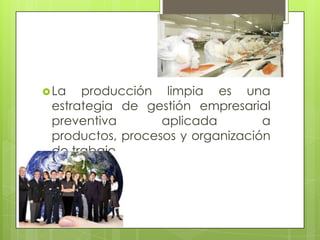 La producción limpia es una estrategia de gestión empresarial preventiva aplicada a productos, procesos y organización de trabajo. 
