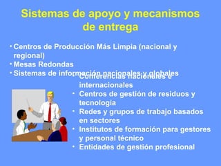 Sistemas de apoyo y mecanismos
de entrega
• Conferencias nacionales e
internacionales
• Centros de gestión de residuos y
tecnología
• Redes y grupos de trabajo basados
en sectores
• Institutos de formación para gestores
y personal técnico
• Entidades de gestión profesional
• Centros de Producción Más Limpia (nacional y
regional)
• Mesas Redondas
• Sistemas de información nacionales y globales
 