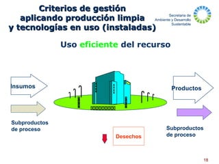Secretaria de
Ambiente y Desarrollo
Sustentable
18
Criterios de gestiónCriterios de gestión
aplicando producción limpiaaplicando producción limpia
y tecnologías en uso (instaladas)y tecnologías en uso (instaladas)
Insumos Productos
Desechos
Subproductos
de proceso Subproductos
de proceso
Uso eficiente del recurso
 