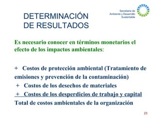 Secretaria de
Ambiente y Desarrollo
Sustentable
23
+ Costos de protección ambiental (Tratamiento de
emisiones y prevención de la contaminación)
+ Costos de los desechos de materiales
+ Costos de los desperdicios de trabajo y capital
Total de costos ambientales de la organización
DETERMINACIÓN
DE RESULTADOS
Es necesario conocer en términos monetarios el
efecto de los impactos ambientales:
 