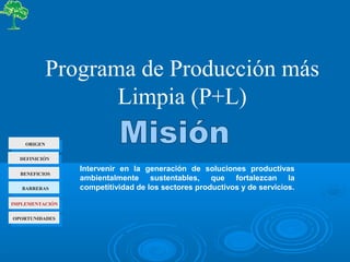 Intervenir en la generación de soluciones productivas
ambientalmente sustentables, que fortalezcan la
competitividad de los sectores productivos y de servicios.
Programa de Producción más
Limpia (P+L)
ORIGEN
BENEFICIOS
BARRERAS
DEFINICIÓN
OPORTUNIDADES
IMPLEMENTACIÓN
 