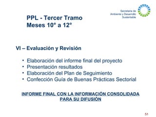 Secretaria de
Ambiente y Desarrollo
Sustentable
51
VI – Evaluación y Revisión
• Elaboración del informe final del proyecto
• Presentación resultados
• Elaboración del Plan de Seguimiento
• Confección Guía de Buenas Prácticas Sectorial
INFORME FINAL CON LA INFORMACIÓN CONSOLIDADA
PARA SU DIFUSIÓN
PPL - Tercer Tramo
Meses 10° a 12°
 