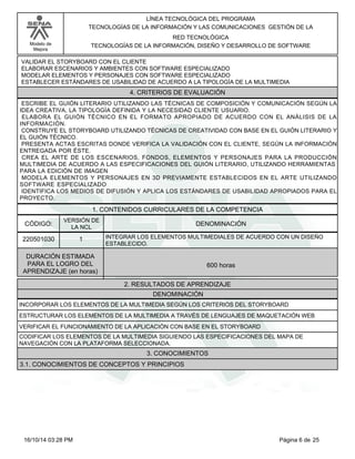 Modelo de
Mejora
LÍNEA TECNOLÓGICA DEL PROGRAMA
TECNOLOGÍAS DE LA INFORMACIÓN Y LAS COMUNICACIONES GESTIÓN DE LA
RED TECNOLÓGICA
TECNOLOGÍAS DE LA INFORMACIÓN, DISEÑO Y DESARROLLO DE SOFTWARE
VALIDAR EL STORYBOARD CON EL CLIENTE
ELABORAR ESCENARIOS Y AMBIENTES CON SOFTWARE ESPECIALIZADO
MODELAR ELEMENTOS Y PERSONAJES CON SOFTWARE ESPECIALIZADO
ESTABLECER ESTÁNDARES DE USABILIDAD DE ACUERDO A LA TIPOLOGÍA DE LA MULTIMEDIA
4. CRITERIOS DE EVALUACIÓN
ESCRIBE EL GUIÓN LITERARIO UTILIZANDO LAS TÉCNICAS DE COMPOSICIÓN Y COMUNICACIÓN SEGÚN LA
IDEA CREATIVA, LA TIPOLOGÍA DEFINIDA Y LA NECESIDAD CLIENTE USUARIO.
ELABORA EL GUIÓN TÉCNICO EN EL FORMATO APROPIADO DE ACUERDO CON EL ANÁLISIS DE LA
INFORMACIÓN.
CONSTRUYE EL STORYBOARD UTILIZANDO TÉCNICAS DE CREATIVIDAD CON BASE EN EL GUIÓN LITERARIO Y
EL GUIÓN TÉCNICO.
PRESENTA ACTAS ESCRITAS DONDE VERIFICA LA VALIDACIÓN CON EL CLIENTE, SEGÚN LA INFORMACIÓN
ENTREGADA POR ÉSTE.
CREA EL ARTE DE LOS ESCENARIOS, FONDOS, ELEMENTOS Y PERSONAJES PARA LA PRODUCCIÓN
MULTIMEDIA DE ACUERDO A LAS ESPECIFICACIONES DEL GUIÓN LITERARIO, UTILIZANDO HERRAMIENTAS
PARA LA EDICIÓN DE IMAGEN
MODELA ELEMENTOS Y PERSONAJES EN 3D PREVIAMENTE ESTABLECIDOS EN EL ARTE UTILIZANDO
SOFTWARE ESPECIALIZADO
IDENTIFICA LOS MEDIOS DE DIFUSIÓN Y APLICA LOS ESTÁNDARES DE USABILIDAD APROPIADOS PARA EL
PROYECTO.
1. CONTENIDOS CURRICULARES DE LA COMPETENCIA
DENOMINACIÓNCÓDIGO:
220501030
VERSIÓN DE
LA NCL
1
2. RESULTADOS DE APRENDIZAJE
INTEGRAR LOS ELEMENTOS MULTIMEDIALES DE ACUERDO CON UN DISEÑO
ESTABLECIDO.
DURACIÓN ESTIMADA
PARA EL LOGRO DEL
APRENDIZAJE (en horas)
600 horas
DENOMINACIÓN
INCORPORAR LOS ELEMENTOS DE LA MULTIMEDIA SEGÚN LOS CRITERIOS DEL STORYBOARD
ESTRUCTURAR LOS ELEMENTOS DE LA MULTIMEDIA A TRAVÉS DE LENGUAJES DE MAQUETACIÓN WEB
VERIFICAR EL FUNCIONAMIENTO DE LA APLICACIÓN CON BASE EN EL STORYBOARD
CODIFICAR LOS ELEMENTOS DE LA MULTIMEDIA SIGUIENDO LAS ESPECIFICACIONES DEL MAPA DE
NAVEGACIÓN CON LA PLATAFORMA SELECCIONADA.
3. CONOCIMIENTOS
3.1. CONOCIMIENTOS DE CONCEPTOS Y PRINCIPIOS
Página 6 de 2516/10/14 03:28 PM
 