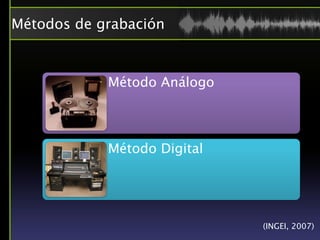 Métodos de grabación



            Método Análogo



            Método Digital




                             (INGEI, 2007)
 