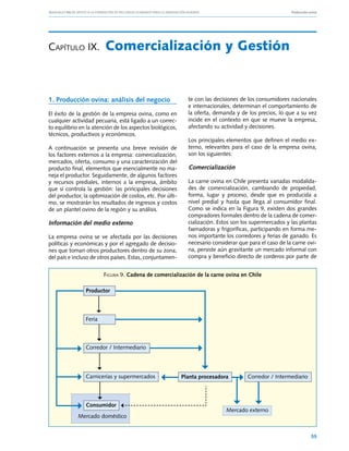 Manuales FIA de APOYO A LA FORMACIÓN DE RECURSOS HUMANOS PARA LA INNOVACIÓN AGRARIA			                     Producción ovina




Capítulo IX.              Comercialización y Gestión


1. Producción ovina: análisis del negocio                       te con las decisiones de los consumidores nacionales
                                                                e internacionales, determinan el comportamiento de
El éxito de la gestión de la empresa ovina, como en             la oferta, demanda y de los precios, lo que a su vez
cualquier actividad pecuaria, está ligado a un correc-          incide en el contexto en que se mueve la empresa,
to equilibrio en la atención de los aspectos biológicos,        afectando su actividad y decisiones.
técnicos, productivos y económicos.
                                                                Los principales elementos que definen el medio ex-
A continuación se presenta una breve revisión de                terno, relevantes para el caso de la empresa ovina,
los factores externos a la empresa: comercialización,           son los siguientes:
mercados, oferta, consumo y una caracterización del
producto final, elementos que esencialmente no ma-              Comercialización
neja el productor. Seguidamente, de algunos factores
y recursos prediales, internos a la empresa, ámbito             La carne ovina en Chile presenta variadas modalida-
que sí controla la gestión: las principales decisiones          des de comercialización, cambiando de propiedad,
del productor, la optimización de costos, etc. Por últi-        forma, lugar y proceso, desde que es producida a
mo, se mostrarán los resultados de ingresos y costos            nivel predial y hasta que llega al consumidor final.
de un plantel ovino de la región y su análisis.                 Como se indica en la Figura 9, existen dos grandes
                                                                compradores formales dentro de la cadena de comer-
Información del medio externo                                   cialización. Estos son los supermercados y las plantas
                                                                faenadoras y frigoríficas, participando en forma me-
La empresa ovina se ve afectada por las decisiones              nos importante los corredores y ferias de ganado. Es
políticas y económicas y por el agregado de decisio-            necesario considerar que para el caso de la carne ovi-
nes que toman otros productores dentro de su zona,              na, persiste aún gravitante un mercado informal con
del país e incluso de otros países. Estas, conjuntamen-         compra y beneficio directo de corderos por parte de


                         Figura 9. Cadena de comercialización de la carne ovina en Chile

                 Productor




                 Feria



                 Corredor / Intermediario




                 Carnicerías y supermercados                 Planta procesadora          Corredor / Intermediario



                 Consumidor
                                                                                  Mercado externo
             Mercado doméstico


                                                                                                                       55
 