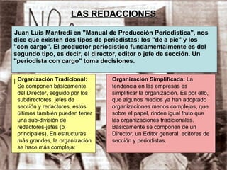 LAS REDACCIONES Juan Luis Manfredi en "Manual de Producción Periodística", nos dice que existen dos tipos de periodistas: los "de a pie" y los "con cargo". El productor periodístico fundamentalmente es del segundo tipo, es decir, el director, editor o jefe de sección. Un "periodista con cargo" toma decisiones.  Organización Tradicional:  Se componen básicamente del Director, seguido por los subdirectores, jefes de sección y redactores, estos últimos también pueden tener una sub-división de redactores-jefes (o principales). En estructuras más grandes, la organización se hace más compleja:  Organización Simplificada:  La tendencia en las empresas es simplificar la organización. Es por ello, que algunos medios ya han adoptado organizaciones menos complejas, que sobre el papel, rinden igual fruto que las organizaciones tradicionales. Básicamente se componen de un Director, un Editor general, editores de sección y periodistas.  | 