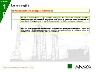 UNIDAD
1
0
La energía
Ciencias de la Naturaleza 2º ESO
El transporte de energía eléctrica:
La red de transporte de energía eléctrica es la parte del sistema de suministro eléctrico
constituida por los elementos necesarios para llevar, a través de largas distancias, la
energía eléctrica generada en las distintas centrales hacia los puntos de consumo.
Esta red está formada por una extensa y entramada red de 34 700 km de cables y torres de
alta tensión y 3 400 subestaciones que permiten que se transforme el voltaje de salida en
el adecuado para las industrias o los consumidores.
 