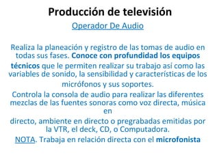 Producción de televisión Operador De Audio Realiza la planeación y registro de las tomas de audio en todas sus fases.  Conoce con profundidad los equipos técnicos  que le permiten realizar su trabajo así como las variables de sonido, la sensibilidad y características de los micrófonos y sus soportes. Controla la consola de audio para realizar las diferentes mezclas de las fuentes sonoras como voz directa, música en directo, ambiente en directo o pregrabadas emitidas por la VTR, el deck, CD, o Computadora. NOTA . Trabaja en relación directa con el  microfonista 