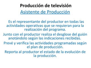 Producción de televisión Asistente de Producción     Es el representante del productor en todas las actividades operativas que se requieran para la realización del programa. Junto con el productor realiza el desglose del guión anotándolo según las indicaciones recibidas.  Prevé y verifica las actividades programadas según el plan de producción. Reporta al productor el estado de la evolución de la producción. 