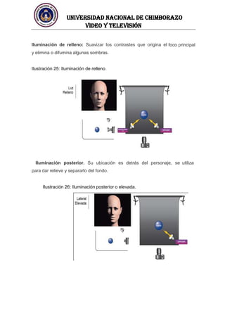 UNIVERSIDAD NACIONAL DE CHIMBORAZO
Video y televisión
Iluminación de relleno: Suavizar los contrastes que origina el foco principal
y elimina o difumina algunas sombras.
Ilustración 25: Iluminación de relleno
Iluminación posterior. Su ubicación es detrás del personaje, se utiliza
para dar relieve y separarlo del fondo.
Ilustración 26: Iluminación posterior o elevada.
 