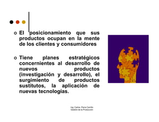    El posicionamiento que sus
    productos ocupan en la mente
    de los clientes y consumidores

   Tiene     planes   estratégicos
    concernientes al desarrollo de
    nuevos               productos
    (investigación y desarrollo), el
    surgimiento     de   productos
    sustitutos, la aplicación de
    nuevas tecnologías.

                        Ing. Carlos Parra Carrillo
                        Gestión de la Producción
 