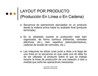 LAYOUT POR PRODUCTO
(Producción En Línea o En Cadena)
   Secuencia de operaciones ejecutadas en un producto
    desde la materia prima hasta su acabado final (producto
    terminado).

   Es la adoptada cuando la producción está bien
    organizada, de forma continua (refinerías, centrales
    eléctricas, etc.), bien repetitiva (electrodomésticos,
    cadenas de lavado de vehículos, etc.).

   Las máquinas se sitúan unas junto a otras a lo largo de
    una línea en la secuencia en que cada una de ellas ha
    de ser utilizada; el producto sobre el que se trabaja
    recorre la línea de producción de una estación a otra a
    medida que sufre las operaciones necesarias.
                     Ing. Carlos Parra Carrillo
                     Gestión de la Producción
 