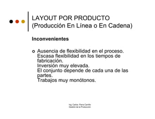 LAYOUT POR PRODUCTO
(Producción En Línea o En Cadena)

Inconvenientes

   Ausencia de flexibilidad en el proceso.
    Escasa flexibilidad en los tiempos de
    fabricación.
    Inversión muy elevada.
    El conjunto depende de cada una de las
    partes.
    Trabajos muy monótonos.



                 Ing. Carlos Parra Carrillo
                 Gestión de la Producción
 