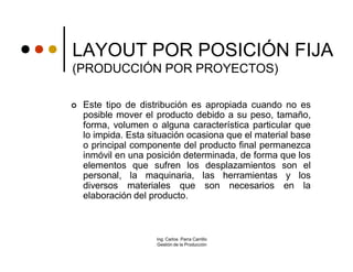 LAYOUT POR POSICIÓN FIJA
(PRODUCCIÓN POR PROYECTOS)

   Este tipo de distribución es apropiada cuando no es
    posible mover el producto debido a su peso, tamaño,
    forma, volumen o alguna característica particular que
    lo impida. Esta situación ocasiona que el material base
    o principal componente del producto final permanezca
    inmóvil en una posición determinada, de forma que los
    elementos que sufren los desplazamientos son el
    personal, la maquinaria, las herramientas y los
    diversos materiales que son necesarios en la
    elaboración del producto.



                     Ing. Carlos Parra Carrillo
                     Gestión de la Producción
 