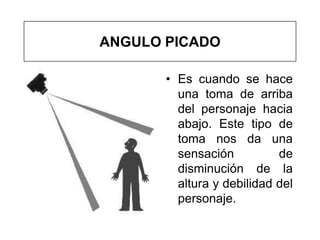 ANGULO PICADO

       • Es cuando se hace
         una toma de arriba
         del personaje hacia
         abajo. Este tipo de
         toma nos da una
         sensación          de
         disminución de la
         altura y debilidad del
         personaje.
 