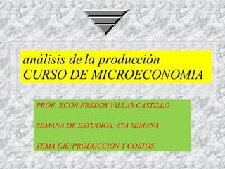análisis de la producción CURSO DE MICROECONOMIA PROF. ECON.FREDDY VILLAR CASTILLO SEMANA DE ESTUDIOS: 6TA SEMANA TEMA EJE:PRODUCCION Y COSTOS 