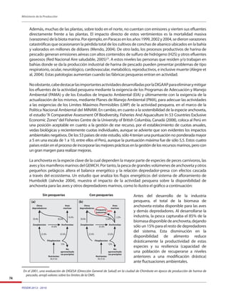 PESEM 2012 - 2016
Ministerio de la Producción
74
Además, muchas de las plantas, sobre todo en el norte, no cuentan con emisores y vierten sus efluentes
directamente frente a las plantas. El impacto directo de estos vertimientos es la mortalidad masiva
(varazones)delabiotamarina.Porejemplo,enParacasenlosaños1999,2002y2004,sedieronvarazones
catastróficas que ocasionaron la pérdida total de los cultivos de conchas de abanico ubicados en la bahía
y valorados en millones de dólares (Mendo, 2004). De otro lado, los procesos productivos de harina de
pescado generan emisiones aéreas con altos contenidos de sulfuro de hidrógeno (H2S) y otros efluentes
gaseosos (Red Nacional Aire saludable, 2005)23
. A estos niveles las personas que residen y/o trabajan en
bahías donde se da la producción industrial de harina de pescado pueden presentar problemas de tipo
respiratorio, ocular, neurológico, cardiovascular, metabólico, reproductivos, e inclusive muerte (Alegre et
al, 2004). Estas patologías aumentan cuando las fábricas pesqueras entran en actividad.
Noobstante,cabedestacarlasimportantesactividadesdesarrolladasporlaDIGAAPparaeliminarymitigar
los efluentes de la actividad pesquera mediante la exigencia de los Programas de Adecuación y Manejo
Ambiental (PAMA) y de los Estudios de Impacto Ambiental (EIA) y últimamente con la exigencia de la
actualización de los mismos, mediante Planes de Manejo Ambiental (PMA), para adecuar las actividades
a las exigencias de los Límites Máximos Permisibles (LMP) de la actividad pesquera, en el marco de la
Política Nacional Ambiental del MINAM. En cambio, en cuanto a la sostenibilidad de la especie anchoveta,
el estudio“A Comparative Assessment Of Biodiversity, Fisheries And Aquaculture In 53 Countries Exclusive
Economic Zones”del Fisheries Centre de la University of British Columbia, Canadá (2008), coloca al Perú en
una posición aceptable en cuanto a la gestión de ese recurso, por el establecimiento de cuotas anuales,
vedas biológicas y recientemente cuotas individuales, aunque se advierte que son evidentes los impactos
ambientales negativos. De los 53 países de este estudio, sólo 4 tenían una puntuación no ponderada mayor
a 5 en una escala de 1 a 10, entre ellos el Perú, aunque la puntuación máxima fue de sólo 5,5. Estos cuatro
paísesestánenelprocesodeincorporarlasmejoresprácticasenlagestióndelosrecursosmarinos,perocon
un gran margen para realizar mejoras.
La anchoveta es la especie clave de la cual dependen la mayor parte de especies de peces carnívoros, las
aves y los mamíferos marinos del GEMCH. Por tanto, la pesca de grandes volúmenes de anchoveta y otros
pequeños pelágicos altera el balance energético y la relación depredador-presa con efectos cascada
a través del ecosistema. Un estudio que analiza los flujos energéticos del sistema de afloramiento de
Humboldt	 (Jahncke	 2004),	 muestra	 el	 impacto	 de	 la	 actividad	 pesquera	 sobre	 la	 disponibilidad	 de	
anchoveta para las aves y otros depredadores marinos, como lo ilustra el gráfico a continuación:
Antes del desarrollo de la industria
pesquera, el total de la biomasa de
anchoveta estaba disponible para las aves
y demás depredadores. Al desarrollarse la
industria, la pesca capturaba el 85% de la
biomasadisponibledeanchoveta,dejando
sólo un 15% para el resto de depredadores
del sistema. Esta disminución en la
disponibilidad de alimento reduce
drásticamente la productividad de estas
especies y su resiliencia (capacidad de
una población de recuperarse a niveles
anteriores a una modificación drástica)
ante fluctuaciones ambientales.
En el 2001, una evaluación de DIGESA (Dirección General de Salud) en la ciudad de Chimbote en época de producción de harina de
pescado, arrojó valores sobre los límites de la OMS.
 