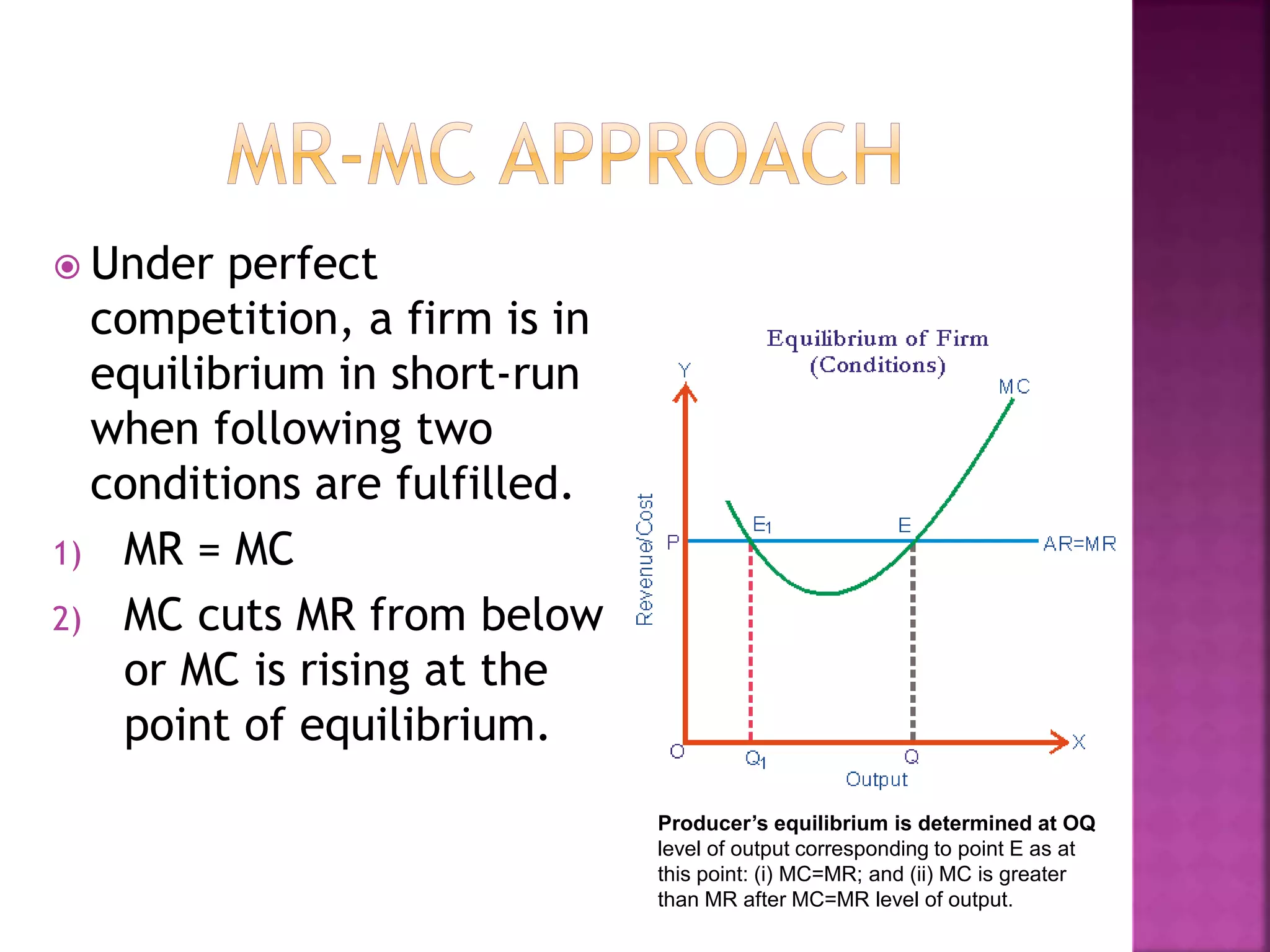  Under perfect
competition, a firm is in
equilibrium in short-run
when following two
conditions are fulfilled.
1) MR = MC
2) MC cuts MR from below
or MC is rising at the
point of equilibrium.
Producer’s equilibrium is determined at OQ
level of output corresponding to point E as at
this point: (i) MC=MR; and (ii) MC is greater
than MR after MC=MR level of output.
 