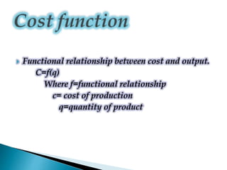  Functional relationship between cost and output.
C=f(q)
Where f=functional relationship
c= cost of production
q=quantity of product
 