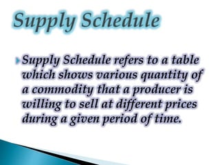  Supply Schedule refers to a table
which shows various quantity of
a commodity that a producer is
willing to sell at different prices
during a given period of time.
 