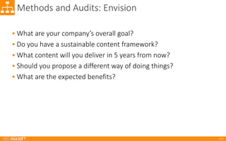 2017
Methods	and	Audits:	Envision
• What	are	your	company’s	overall	goal?	
• Do	you	have	a	sustainable	content	framework?
• What	content	will	you	deliver	in	5	years	from	now?
• Should you	propose	a	different	way	of	doing	things?
• What	are	the	expected	benefits?
 