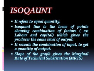 ISOQAUNT
 It refers to equal quantity.
 Isoqaunt line is the locus of points
showing combination of factors ( ex:
Labour and capital) which gives the
producer the same level of output.
 It reveals the combination of input, to get
a quantity of output.
 Slope of the graph gives the Marginal
Rate of Technical Substitution (MRTS)
 