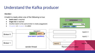 sender thread
Understand the Kafka producer
Record Accumulator
…...
topic0, 0
topic0, 1
topicN, Mbatch2
batch1 batch1
request 2
Broker 0
Broker 1
freeused
compressor
callbacks
M
CB
21
Sender:
A batch is ready when one of the following is true:
● batch.size is reached
● linger.ms is reached
● Another batch to the same broker is ready (piggyback)
● flush() or close() is called
(one batch / partition)
 