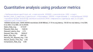 Quantitative analysis using producer metrics
./kafka-producer-perf-test.sh --num-records 1000000 --record-size 1000 --topic
becket_test_3_replicas_4_partition --throughput 100000 --num-threads 1 --value-bound 50000
--producer-props bootstrap.servers=localhost:9092 compression.type=gzip max.in.flight.
requests.per.connection=1
1000000 records sent, 10444.300545 records/sec (9.96 MB/sec), 4.19 ms avg latency, 154.00 ms max latency, 4 ms 50th,
6 ms 95th, 6 ms 99th, 22 ms 99.9th.
Select_Rate_Avg: 3114.67
Request_Rate_Avg: 1448.53
Request_Latency_Avg: 2.73
Request_Size_Avg: 5034.47
Batch_Size_Avg: 4941.93
Records_Per_Request_Avg: 7.05
Record_Queue_Time_Avg: 2.45
Compression_Rate_Avg: 0.68
31
 