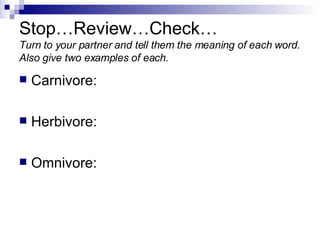 Stop…Review…Check… Turn to your partner and tell them the meaning of each word. Also give two examples of each. Carnivore: Herbivore: Omnivore:  